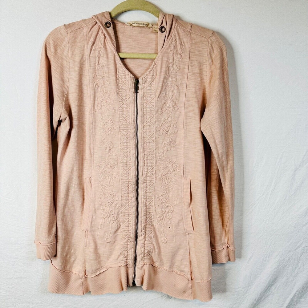 Soft Surroundings Sz‎ SMALL Cotton Jacket Full Zip Hoodie Salmon Pink EUC